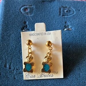 Gold-tone Drop Bear Earrings with Turquoise inlay